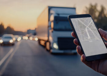 A person holds a smartphone displaying a map app, navigating the roads as a sunset silhouettes a large trailer and several cars in the blurred traffic. Trees line the horizon, highlighting how GPS tracking guides them through their journey. | FintechZoom