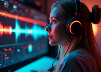 A woman wearing headphones is focused on a computer screen showcasing colorful sound waveforms within audio editing software. The room, softly lit with red and blue lights, exudes a dynamic atmosphere, perfectly complementing her use of AI audio-to-video generators for music and podcasts. | FintechZoom