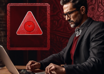 A person with glasses and a beard works on a laptop at a wooden desk. A red triangular button with a circular symbol is displayed prominently on the side. The background and lighting create a warm ambiance. | FintechZoom