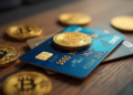 A close-up of a wooden surface displays several gleaming gold Bitcoin coins alongside credit cards, highlighting the modern method of buying Bitcoin with a credit card. The prominent coins and chip-equipped cards signify advanced financial exchange options. | FintechZoom