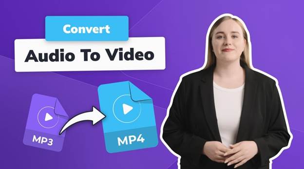 A woman in a black blazer stands against a purple background. A graphic displays "Convert Audio To Video" alongside icons of an MP3 file transforming into an MP4, brought to life by an AI Audio to Video Generator. | FintechZoom