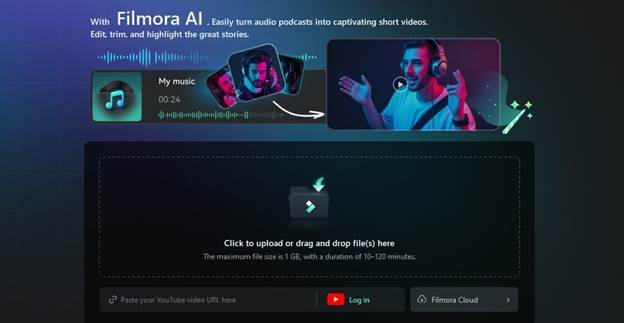 Screenshot of Filmora AI interface featuring an AI Audio to Video Generator. Features include transforming audio podcasts into videos with editing options. A person in headphones is shown in a video thumbnail. There's a section to upload files with a note on the maximum file size and duration. | FintechZoom