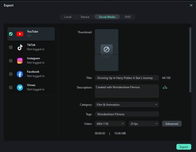 Screenshot of a video export interface for social media powered by an AI Audio to Video Generator. Shows options to export to YouTube, TikTok, Instagram, Facebook, or Vimeo. Title filled as "Growing Up in Harry Potter: A Star's Journey." Format details and export button visible. | FintechZoom