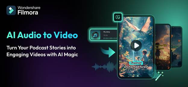 Promotional image for Wondershare Filmora showcasing its AI Audio to Video Generator. Featuring screens of fantasy-themed videos, it highlights the seamless conversion of podcast stories into captivating visuals using innovative technology. | FintechZoom