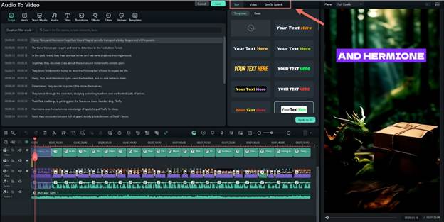 A video editing interface features a timeline and audio tracks below. On the right, a preview displays a forest scene with stacked boxes and "AND HERMIONE." At the top, AI Audio to Video Generator options include text-to-speech functions. | FintechZoom