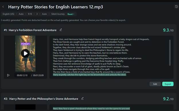 Screenshot of an application showcasing English audio stories. "Harry's Forbidden Forest Adventure," rated 9.3/10, shines brightly alongside "Harry Potter and the Philosopher’s Stone Adventure," at 9.2/10. Experience these tales like never before with our AI Audio to Video Generator feature!. | FintechZoom