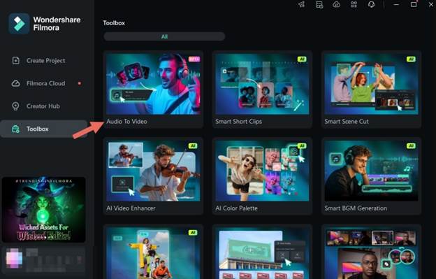 Screenshot of Wondershare Filmora software displaying various video editing tools. Featured options like "AI Video Enhancer," "Smart Short Clips," and the innovative "AI Audio to Video Generator" are shown in a grid layout with images representing each tool. | FintechZoom