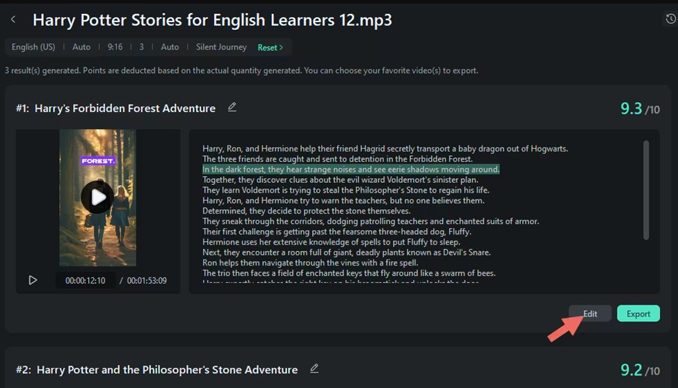 Screenshot of an audio editing software interface featuring AI enhancements. The screen displays two audio tracks titled "Harry's Forbidden Forest Adventure," complete with ratings, play buttons, export options, and a red-highlighted edit button. An AI Audio to Video Generator feature is seamlessly integrated. | FintechZoom