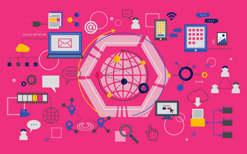 Abstract illustration of a digital network on a pink background. Features icons of a globe, computers, social media symbols, gears, and people connected by lines, representing global communication and technology. | FintechZoom