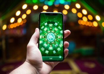 A person holds a smartphone displaying a game with a green, casino-themed interface and digital icons of cards and dice. In the background, blurred warm lights create a bokeh effect, enhancing the gaming atmosphere. | FintechZoom