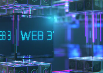 A digital 3D rendering of transparent cubes interconnected by glowing lines, with "WEB 3" on the front cube, visually representing blockchain technology, decentralized internet concepts, and the future of Web3 Streaming. | FintechZoom