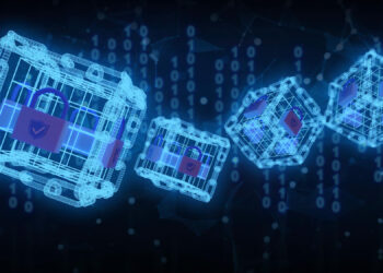 This digital illustration captures a blockchain concept, highlighting glowing blue cubes with locks and intricate connections. Binary code in the background reinforces themes of security and technology, embodying the essence of blockchain innovation. | FintechZoom