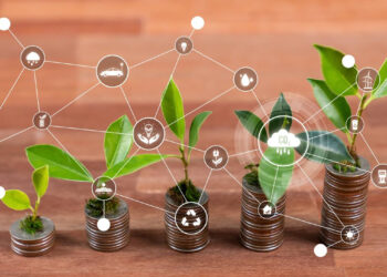 Stacks of coins with green seedlings growing on top, arranged from small to large, symbolizing growth. Network icons overlay capture finance, technology, and sustainability—echoing how Seed Rounds: The Financial Discipline Shaping Fintech Survivors. | FintechZoom