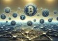 A digital rendering illustrates various cryptocurrency symbols, including Bitcoin and Ethereum, interconnected with lines over a circuit-like background, symbolizing a network of virtual currency. The blue and gold tones suggest technology and finance. | FintechZoom