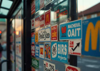 A bus stop's glass wall covered with various colorful stickers, including logos and random text. The background shows a blurred view of an urban street with buildings, a traffic light, and a person walking. | FintechZoom