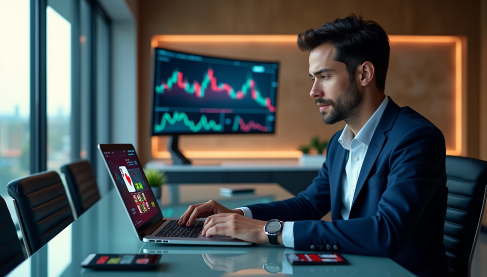 A man in a suit is sitting at a conference table using a laptop, engaged in an online meeting. In the background, a large screen displays financial graphs. A smartphone rests on the table beside him in this modern office setting. | FintechZoom