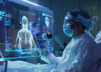 A doctor in full protective gear reviews a futuristic holographic medical display powered by AI in the Healthcare Industry, showing a 3D image of a patient’s body and vital signs in a high-tech clinical setting. | FintechZoom