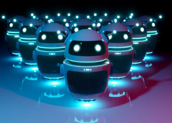 A group of glowing, futuristic Character AI Bots with round bodies and expressive eyes stand in formation, illuminated by blue and pink neon lights in a dark environment. | FintechZoom