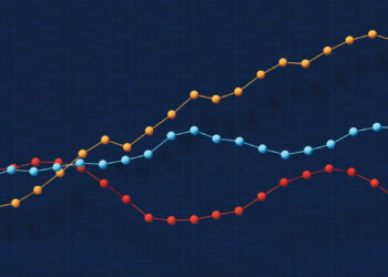 A line graph with three colored lines—yellow, blue, and red—each marked with data points like scatter plots, showing trends over time on a dark grid background. The yellow line rises, blue stays steady, and red declines. | FintechZoom