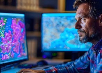 A man in a plaid shirt studies colorful weather maps and parcel data on computer monitors, focusing intently on climate or meteorological information in a dimly lit room. | FintechZoom