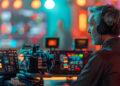 A man wearing headphones operates video and audio equipment in a colorful, high-tech control room filled with monitors and glowing lights. | FintechZoom