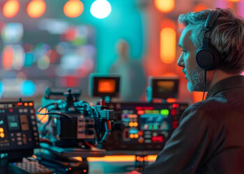 A man wearing headphones operates video and audio equipment in a colorful, high-tech control room filled with monitors and glowing lights. | FintechZoom