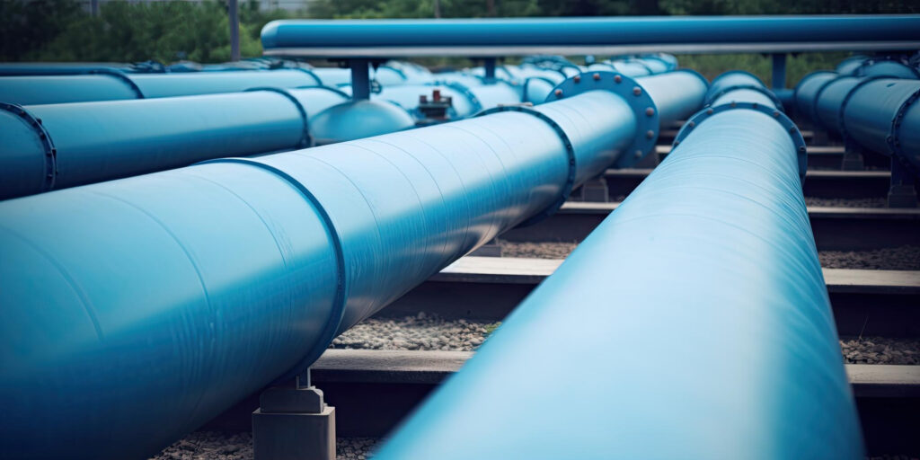 Several large blue industrial pipelines, requiring regular NDT inspections, run parallel above a gravel-covered ground, stretching into the distance with greenery visible in the background. 