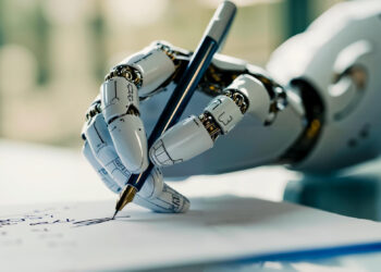A robotic hand holding a pen writes on a sheet of paper, demonstrating artificial intelligence and advanced robotics technology in a bright, modern setting. | FintechZoom