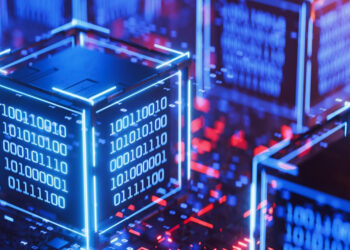 A digital illustration of glowing cubes displaying binary code, representing Layer-1 Blockchains or data blocks, set against a futuristic circuit board background with blue and red lighting. | FintechZoom