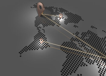 A stylized dotted world map with four metallic location pins connected by golden lines, representing how Emerging Nations Are Shaping Solutions for Global Challenges on a gray background. | FintechZoom