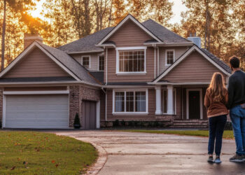 A family of three stands together at the end of a driveway, looking at a large two-story house surrounded by trees with autumn foliage in the evening sunlight. | FintechZoom