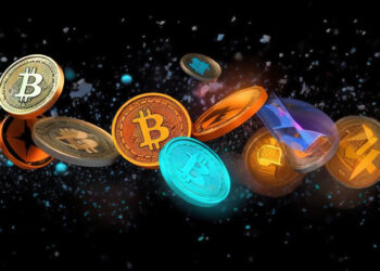 A stream of colorful digital coins featuring various cryptocurrency logos, including Bitcoin, Ethereum, and Litecoin, floating in space against a black background with glowing particles. | FintechZoom