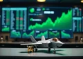 A small model jet and a golden bull figurine sit on a desk, with multiple computer screens in the background displaying green financial charts and stock market data, hinting at the rising interest in defense stocks. | FintechZoom