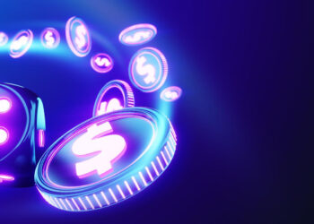 Glowing blue and purple dice and coins with dollar signs float in a curved path against a dark background, creating a futuristic and vibrant casino or gaming scene. | FintechZoom