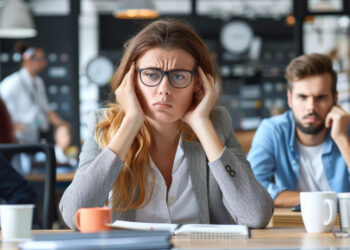 A woman in glasses and business attire sits at a desk in an office, looking stressed and holding her head. Other workers appear concerned. Laptops and notebooks are visible—Chair Yoga Poses for Stressed Fintech Workers could offer much-needed relief. | FintechZoom