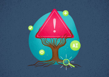 Illustration of a tree with a red warning sign as foliage, surrounded by icons like a checkmark, plus sign, gear, “AI,” and a magnifying glass, symbolizing Root Cause Analysis in ITSM against a blue textured background. | FintechZoom
