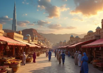 A bustling outdoor market with people in traditional clothing, lined with stalls selling goods. Historic-style buildings flank the market, and a tall modern skyscraper rises in the background under a partly cloudy sky at sunset. | FintechZoom