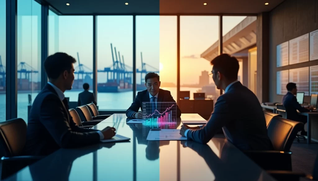 Three businessmen sit at a conference table in a modern office with large windows, showing a port outside. A holographic chart displaying data is on the table. The scene is split between day and sunset lighting. | FintechZoom