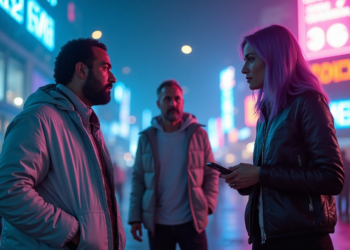 A woman with purple hair holding a phone talks to a bearded man in a city street at night, neon signs glowing in the background. Another man stands slightly behind them, watching. | FintechZoom