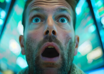 A man with a shocked expression stands in front of brightly lit stock market screens displaying numbers and graphs. | FintechZoom