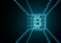 A digital illustration of a glowing blue wireframe Bitcoin symbol enclosed in a transparent cube, connected to chains extending outward in four directions, representing blockchain technology. | FintechZoom