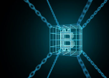 A digital illustration of a glowing blue wireframe Bitcoin symbol enclosed in a transparent cube, connected to chains extending outward in four directions, representing blockchain technology. | FintechZoom