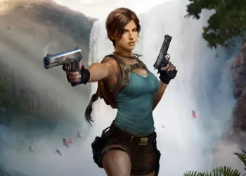A woman with brown hair in a ponytail, wearing a teal tank top and brown shorts, stands confidently like a true Tomb Raider, gripping two pistols before a misty waterfall in a lush, rocky landscape. | FintechZoom
