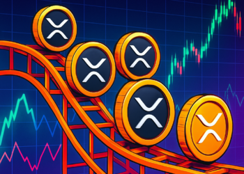 Illustration of XRP coins riding a rollercoaster with a colorful financial chart in the background, symbolizing the volatility and fluctuations in cryptocurrency markets. | FintechZoom