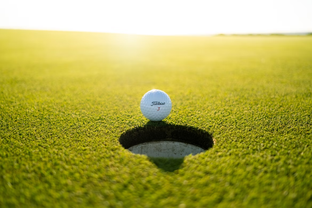 A close-up of a Titleist golf ball, favored in PGA tournaments, resting on the edge of a golf hole on a bright green putting green under sunlight. | FintechZoom