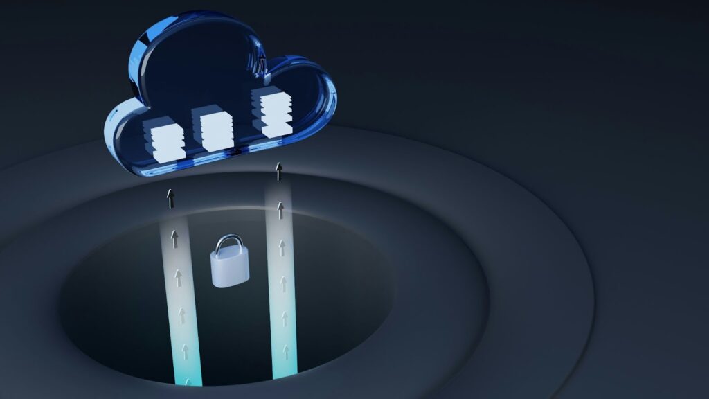 A digital illustration of a cloud icon with stacks of files, arrows pointing upward toward it, and a padlock below, representing secure cloud data storage or fintech cloud security. | FintechZoom