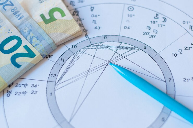 A blue pen rests on an astrological birth chart beside several euro banknotes, suggesting a connection between astrology apps and financial matters. | FintechZoom
