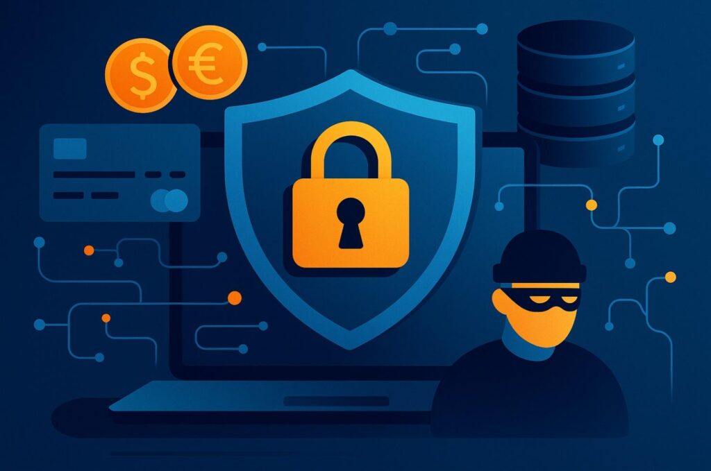 Illustration of a shield with a padlock on a laptop screen, coins, credit card, and data servers, with a masked figure representing a hacker—symbolizing cybersecurity and online financial protection for Fintech Startups. | FintechZoom