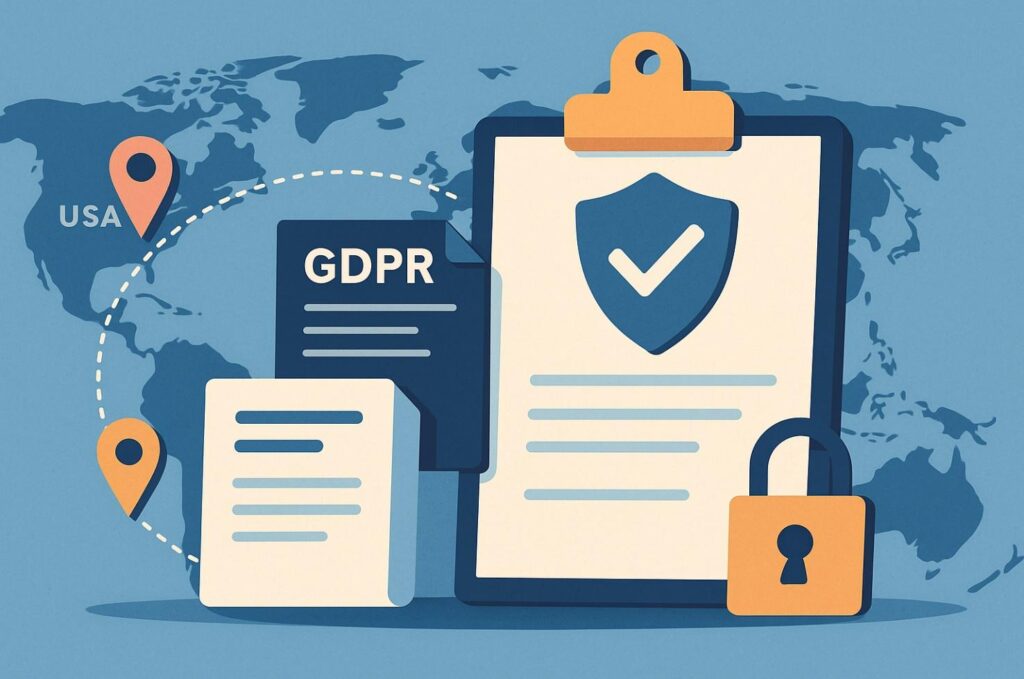 Illustration of GDPR documents, a shield with a check mark, and a padlock in front of a world map with location pins on the USA, symbolizing data privacy and protection for Fintech Startups internationally. | FintechZoom