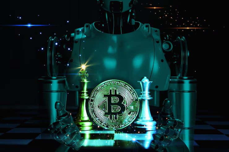 A futuristic robot holds a glowing Bitcoin coin between two illuminated chess pieces, one green and one blue, symbolizing the intersection of artificial intelligence, blockchain technology, cryptocurrency, and strategic thinking. | FintechZoom